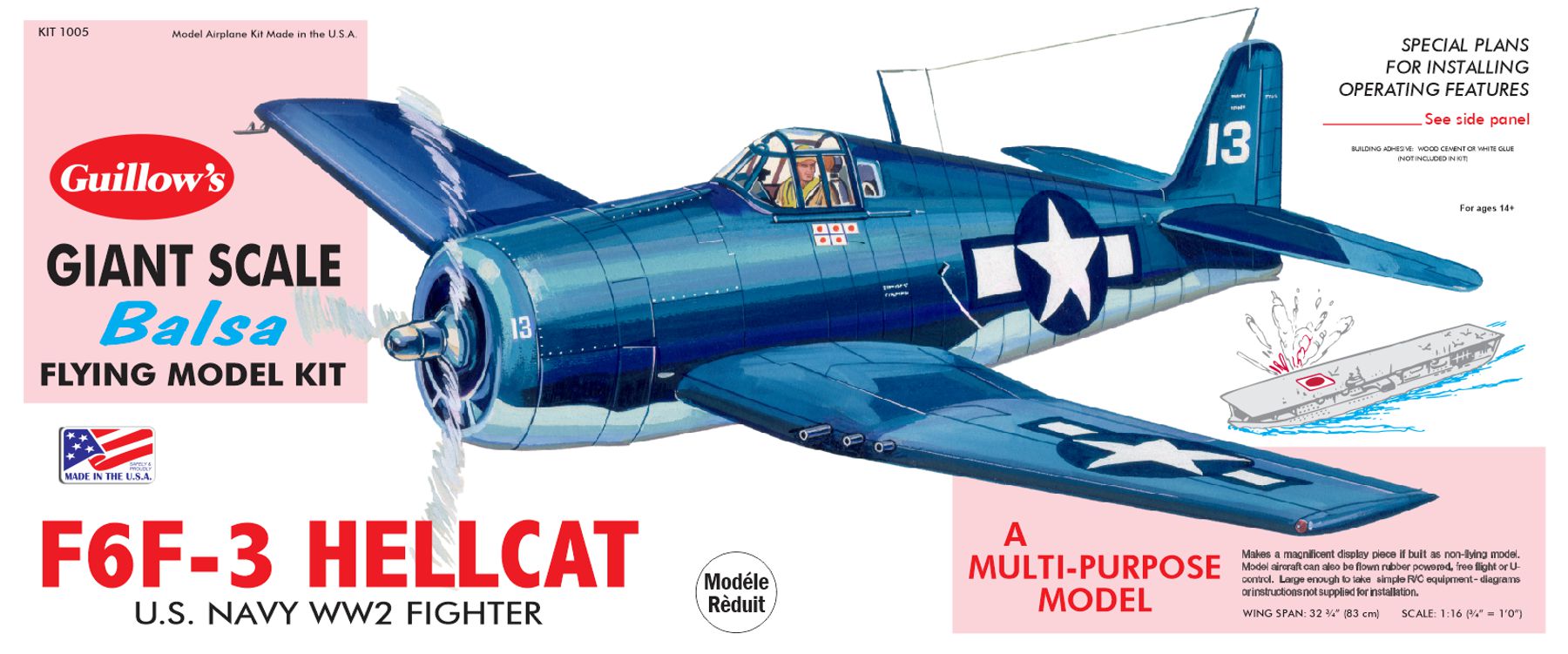 Guillow 1005 Grumman F6F3 Hellcat 1/16 Scale Model Kit