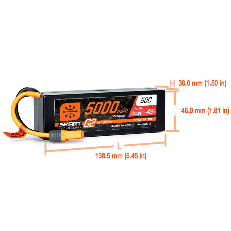 Spektrum SPMX54S50H5 5000mAh 4S 14.8V Smart G2 LiPo 50C Battery Hard Case: IC5