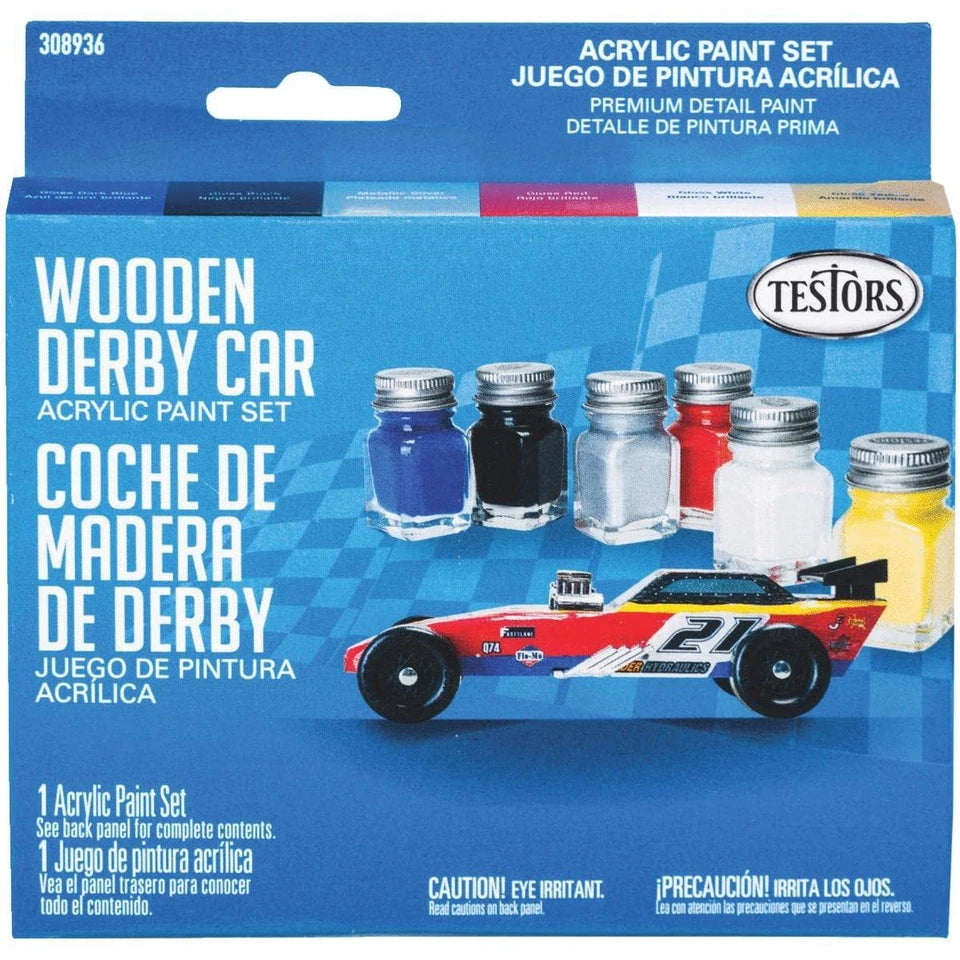 Testors 308936 Acrylic Paint Set Wooden Derby Car Gloss Primary 6 Colors