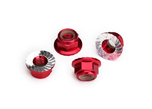 Traxxas 8447R Nuts, 5mm Flanged Nylon Locking Serrated, Red Anodized Alum (4)