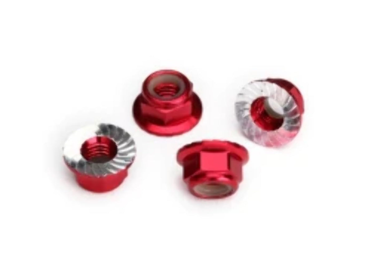 Traxxas 8447R Nuts, 5mm Flanged Nylon Locking Serrated, Red Anodized Alum (4)