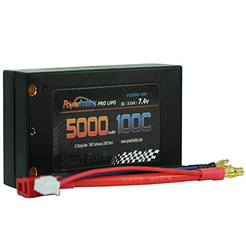 Power Hobby 2S5000100CSH 2S 7.4V 5000MAH 100C Shorty Lipo Battery, w/ 4mm Bullet Connectors