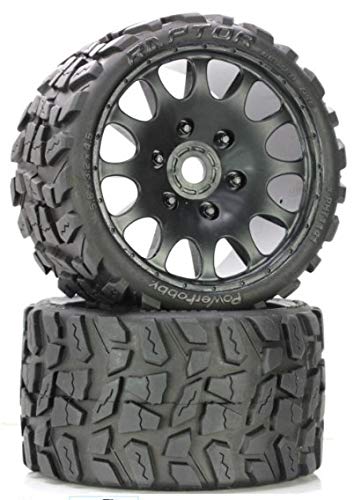 Power Hobby PHT1141S Raptor Belted Monster Truck Wheels/Tires (pr.), Pre-mounted, Sport Medium Compound 17mm Hex