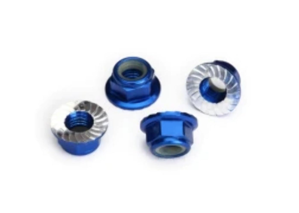 Traxxas 8447X Nuts, 5mm Flanged Nylon Locking Serrated, Blue Anodized Alum (4)