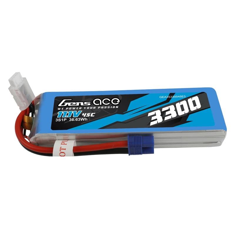 Gens Ace 3S330045E3 11.1V 3300 mAh 3S 45C Battery, LiPo, Soft Pack EC3