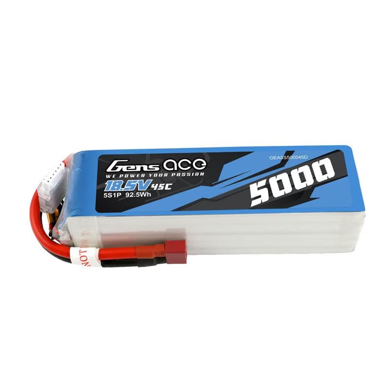 Gens Ace 5S500045D 18.5V 5000 mAh 5S 45C Battery, LiPo, Soft Pack, Deans