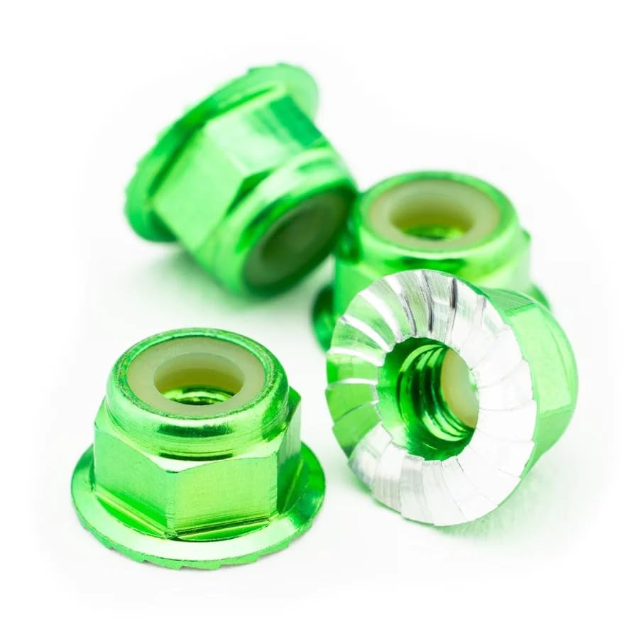 1UP Racing 80572 M4 Flanged & Serrated Aluminum Locknuts, Green, 4pcs