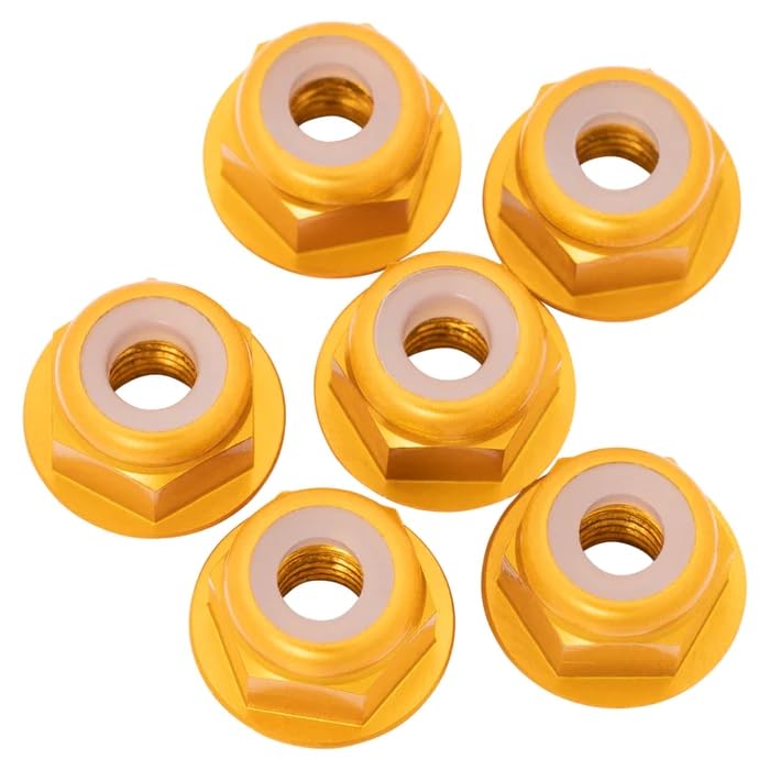 1UP Racing 870703 7075 Aluminum Flanged Locknuts, M3, Gold, 6pcs