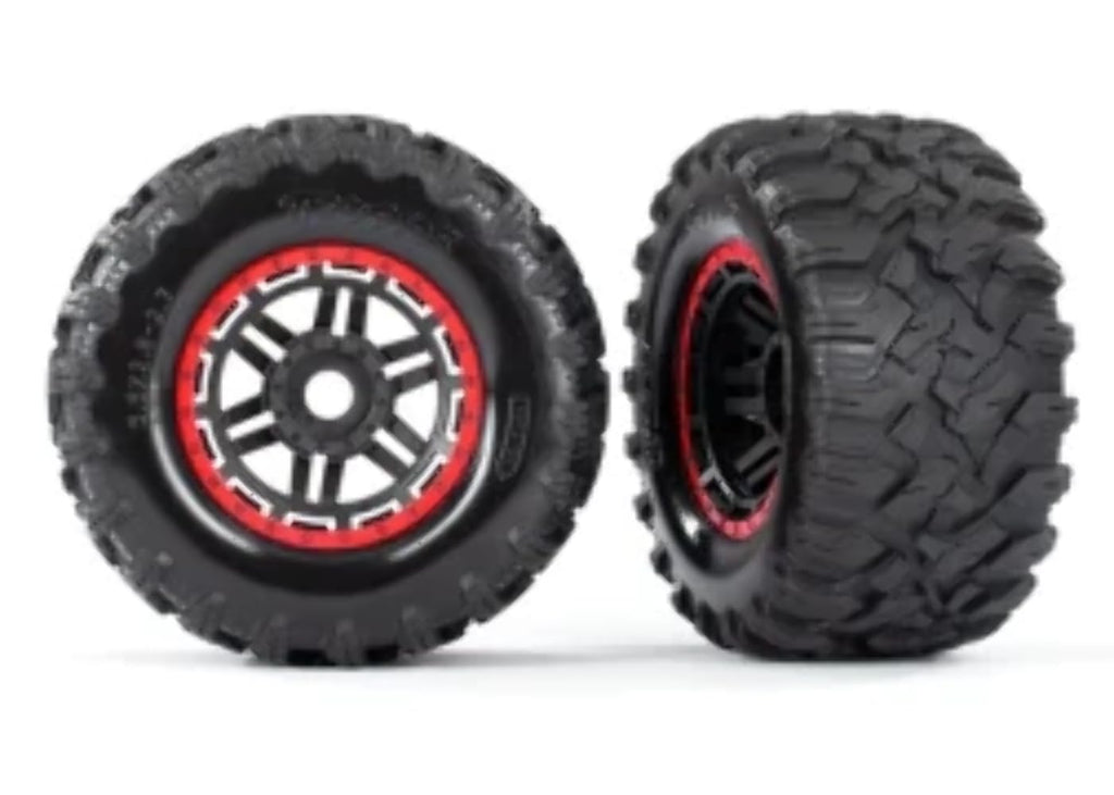 Traxxas 8972R Tires & Wheels (Black, Red Beadlock Style, Maxx Mt Tires) (2) 17mm