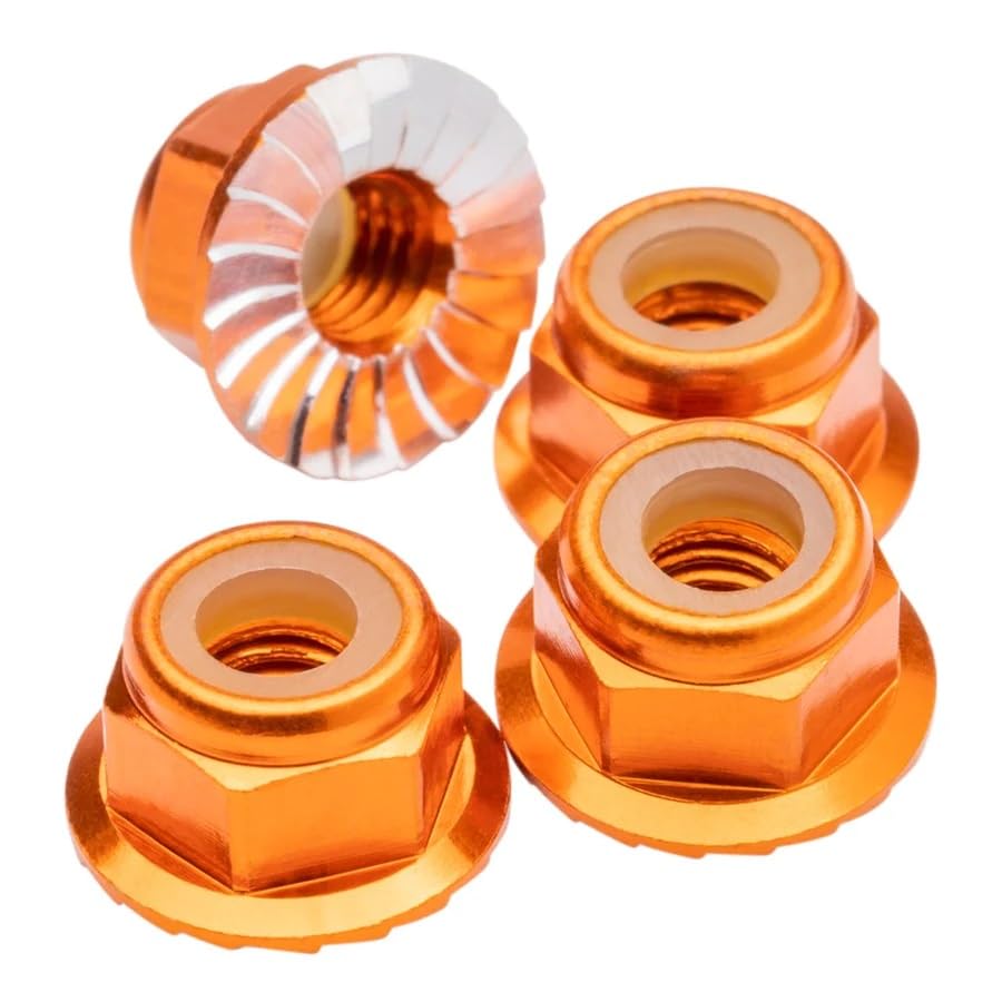 1UP Racing 80552 M4 Flanged & Serrated Aluminum Locknuts, Orange, 4pcs