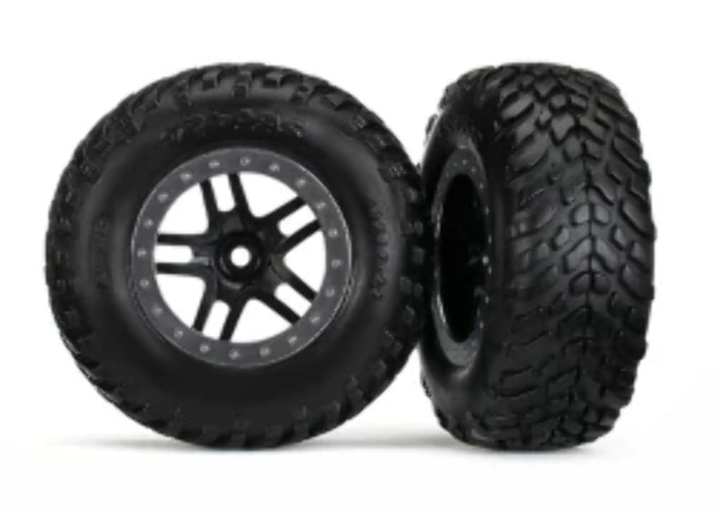 Traxxas 5889 Tires & Wheels (SCT Split-Spoke Black, Satin Chrome Beadlock Style