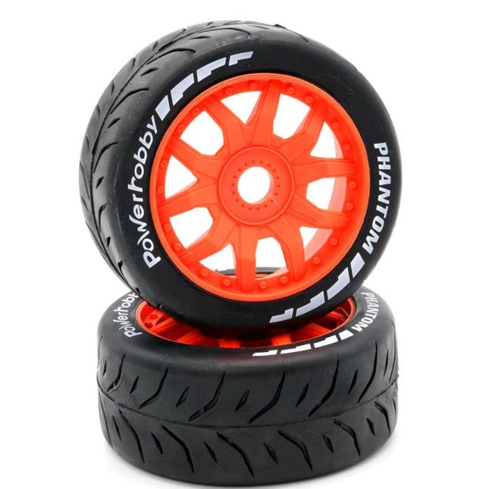 Power Hobby PHT2402-MO 1/8 GT Phantom Belted Mounted Tires, Medium Compound, 17mm Orange Wheels