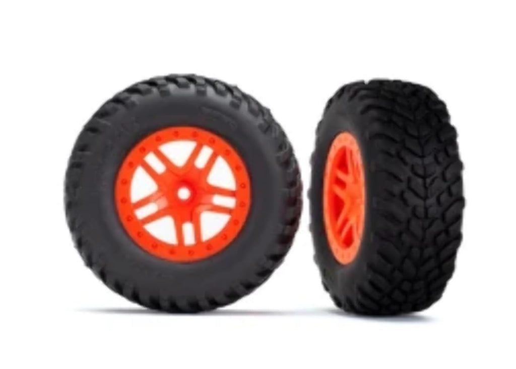 Traxxas 5892 Tires & Wheels (SCT Split-Spoke Orange Wheels, Off-Road Tires)