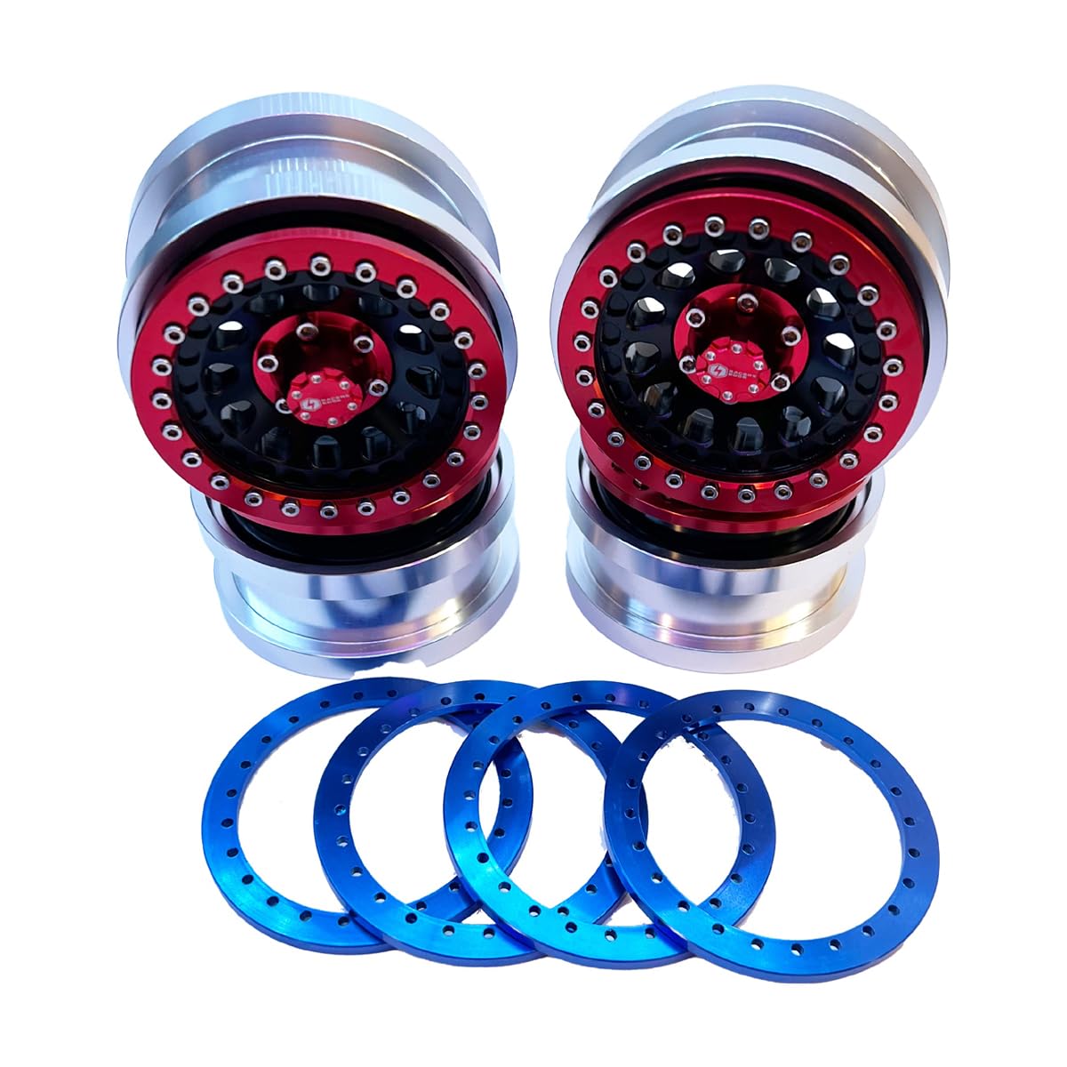 Racers Edge SCX6010 Aluminum CNC 2.9'' Beadlock Wheels with Red&Blue Rings for