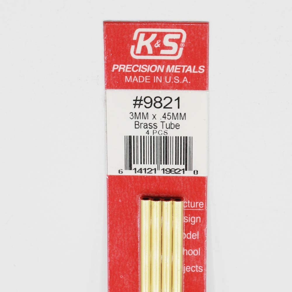 K&S 9821 Round Brass Tube, 3mm OD x 0.45mm Wall x 300mm Long, 4 Pieces, Made in The USA