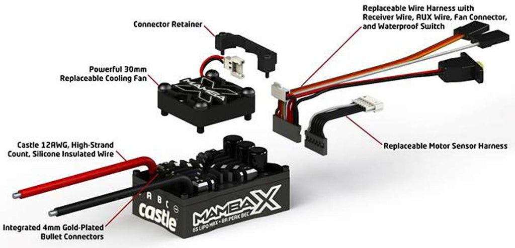 Castle Creations 010-0155-10 Mamba X, 25.2V WP ESC,1406-2850Kv Sensored:Crawler