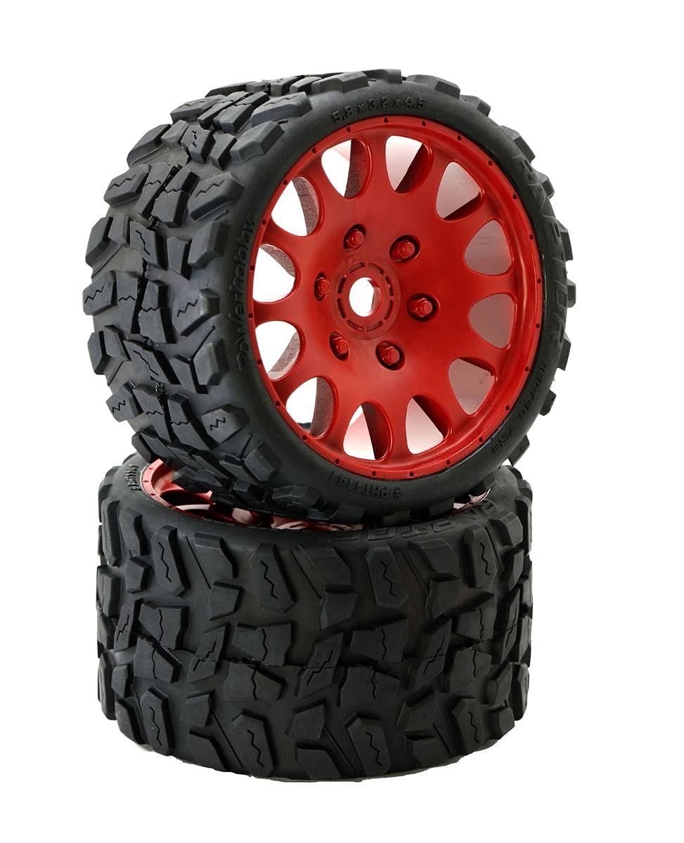 Power Hobby PHT1141SRED Raptor Belted Monster Truck Tires / Wheels w 17mm Hex (2) Sport-Red