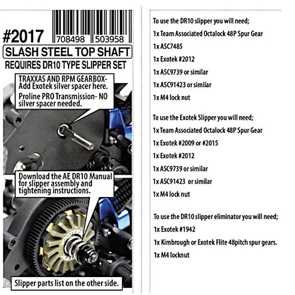 Exotek Racing 2017 Steel Top Shaft, Heavy Duty, Compatible with Slash, for MK2 and DR10 Slippers
