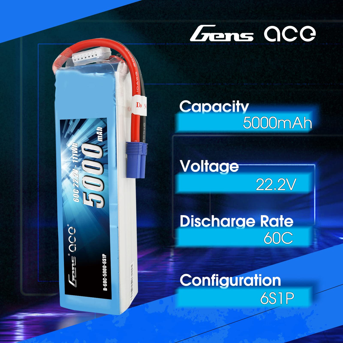 Gens Ace 50006S60E5 5000mAh 22.2V 60C 6S1P Lipo Battery Pack with EC5