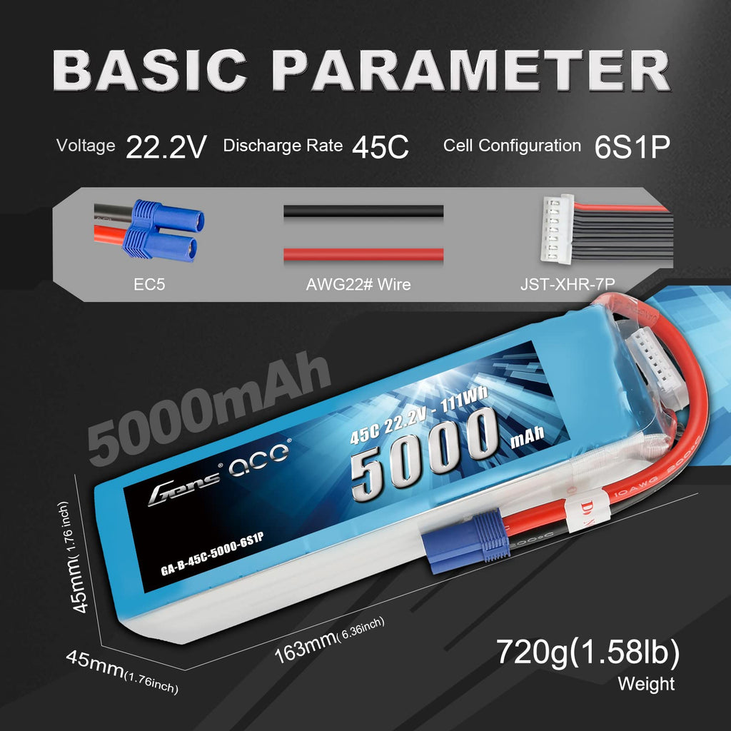 Gens Ace 50006S45E5 5000mAh 22.2V 45C 6S1P Lipo Battery Pack with EC5