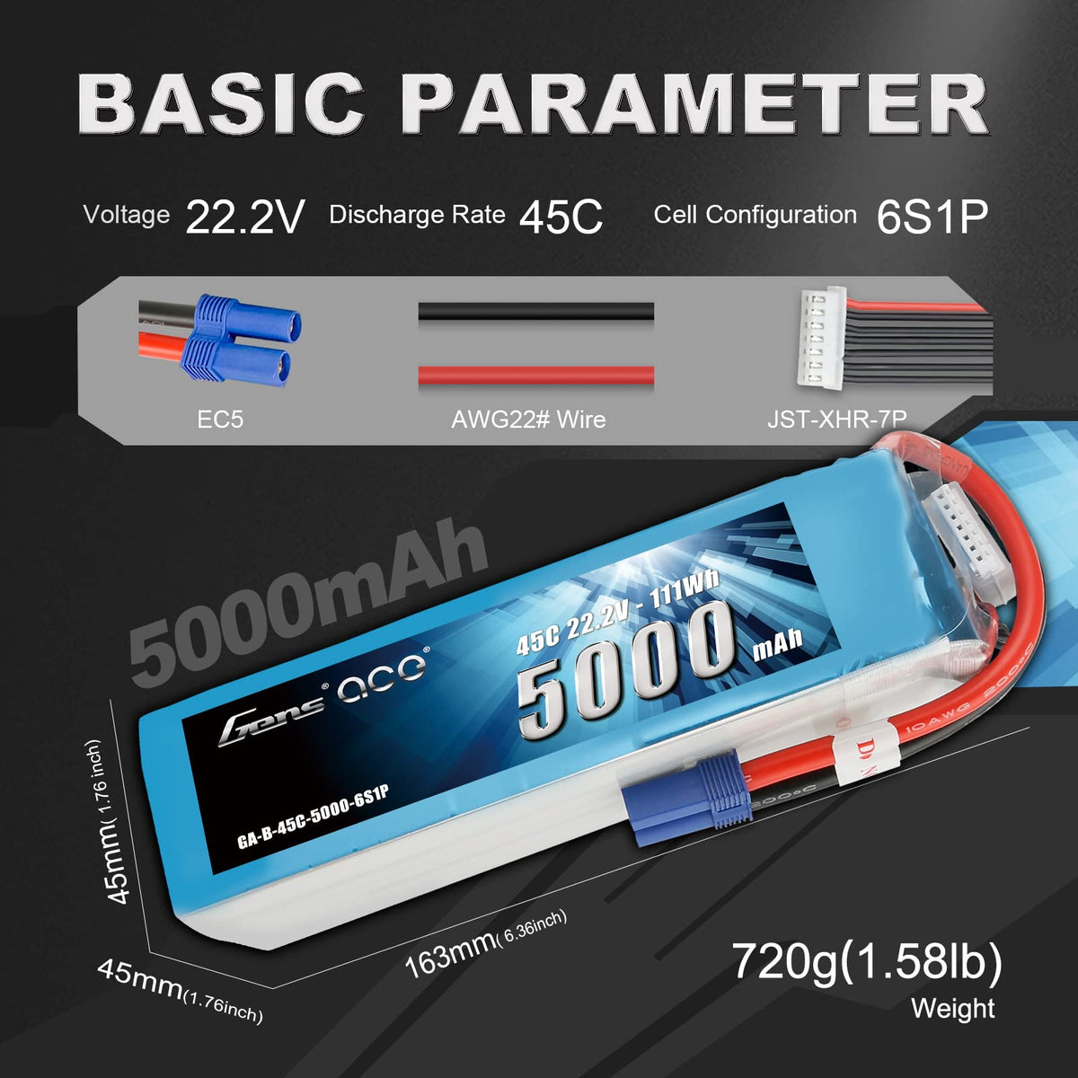 Gens Ace 50006S45E5 5000mAh 22.2V 45C 6S1P Lipo Battery Pack with EC5