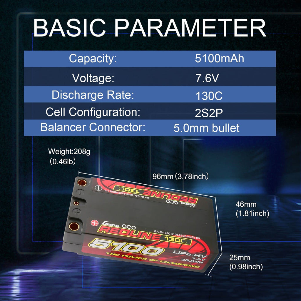 Gens Ace 51002S13D5 7.6V 5100mAh 2S 130C High Voltage Lipo Battery: 5.0mm Bullet