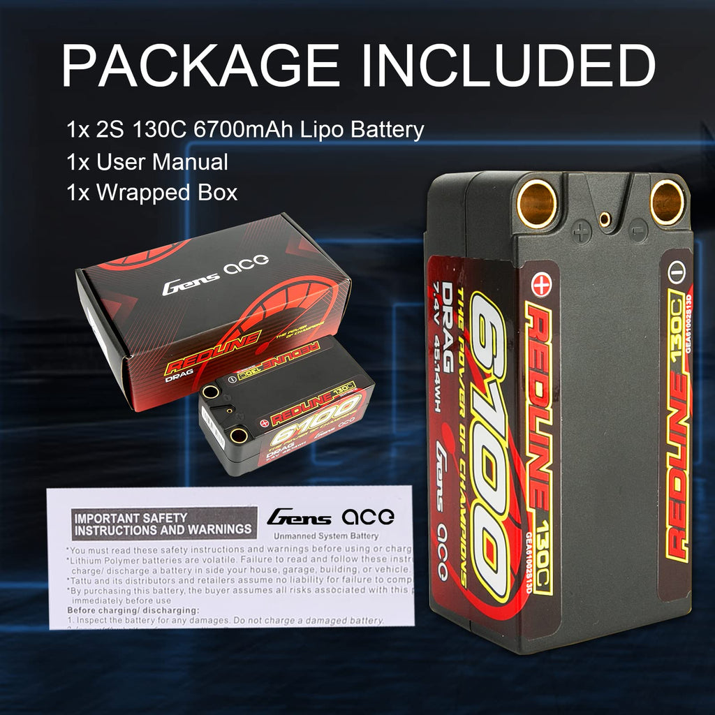 Gens Ace 61002S13D 7.4 6100 mAh 2S 130C Battery, LiPo, Hard Case Battery, 8mm Bullet