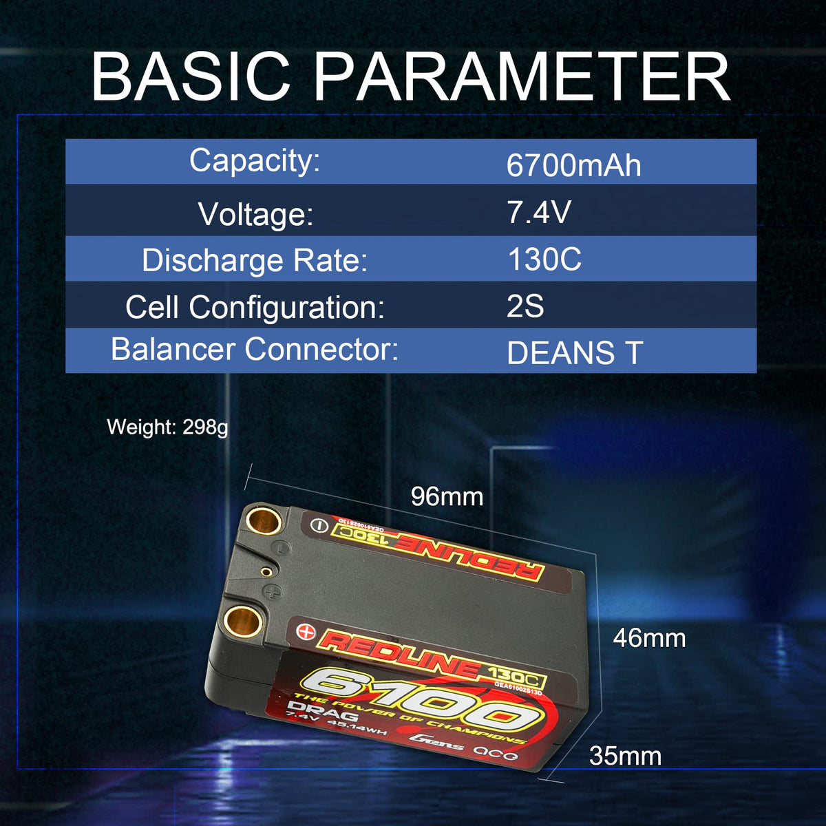 Gens Ace 61002S13D 7.4 6100 mAh 2S 130C Battery, LiPo, Hard Case Battery, 8mm Bullet