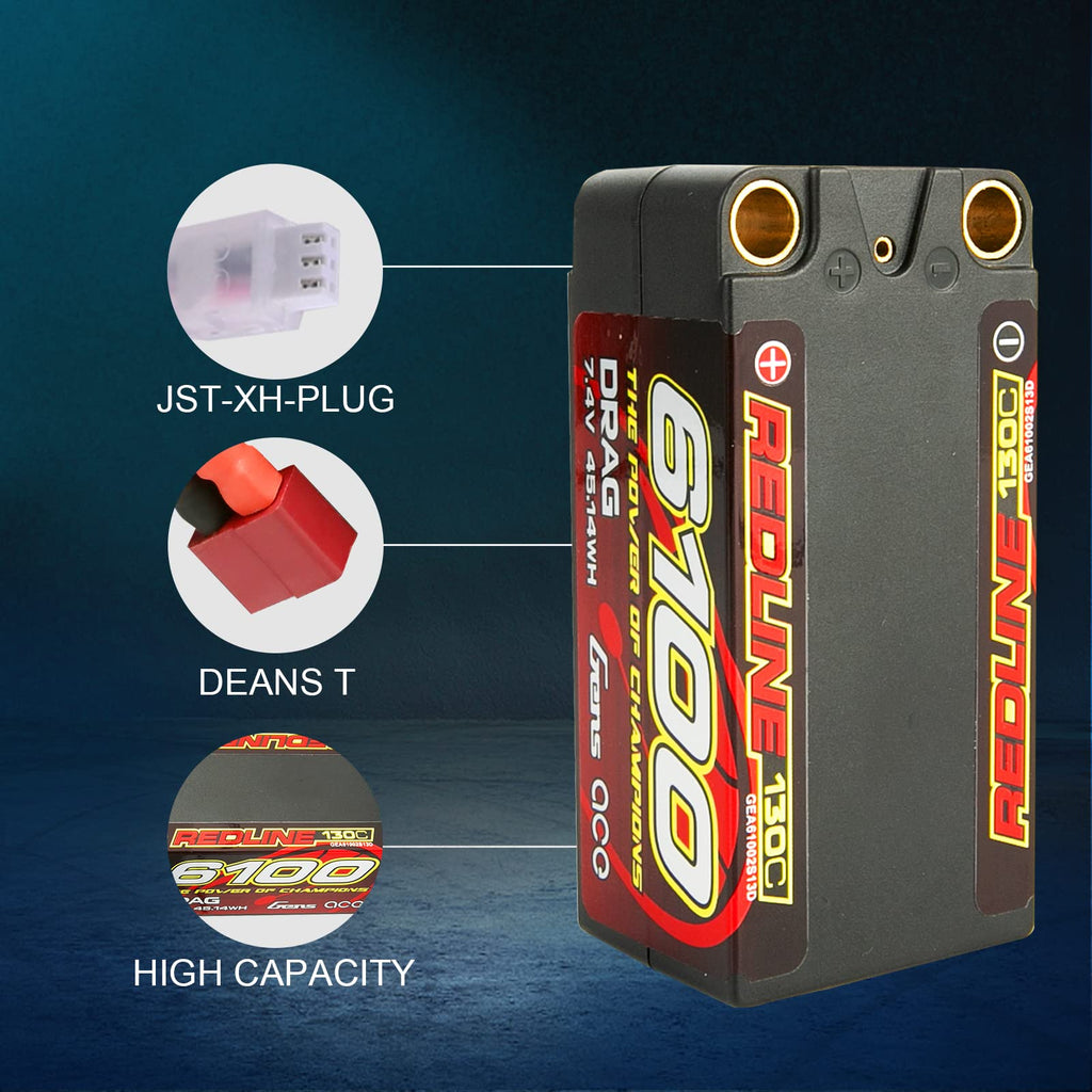 Gens Ace 61002S13D 7.4 6100 mAh 2S 130C Battery, LiPo, Hard Case Battery, 8mm Bullet