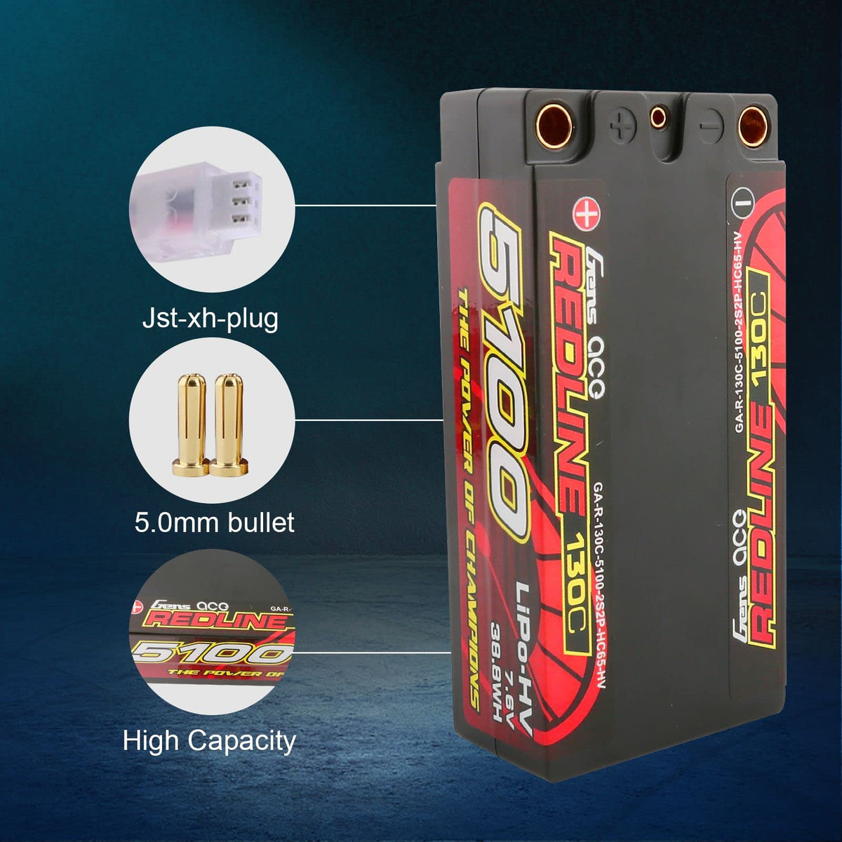 Gens Ace 51002S13D5 7.6V 5100mAh 2S 130C High Voltage Lipo Battery: 5.0mm Bullet