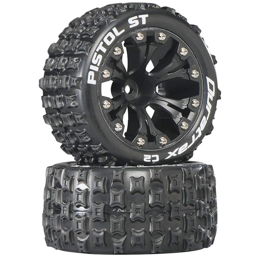 DuraTrax DTXC3556 Pistol ST C2 Tires/Black Wheels 1/2" OffSet (2): 2wd Rustler