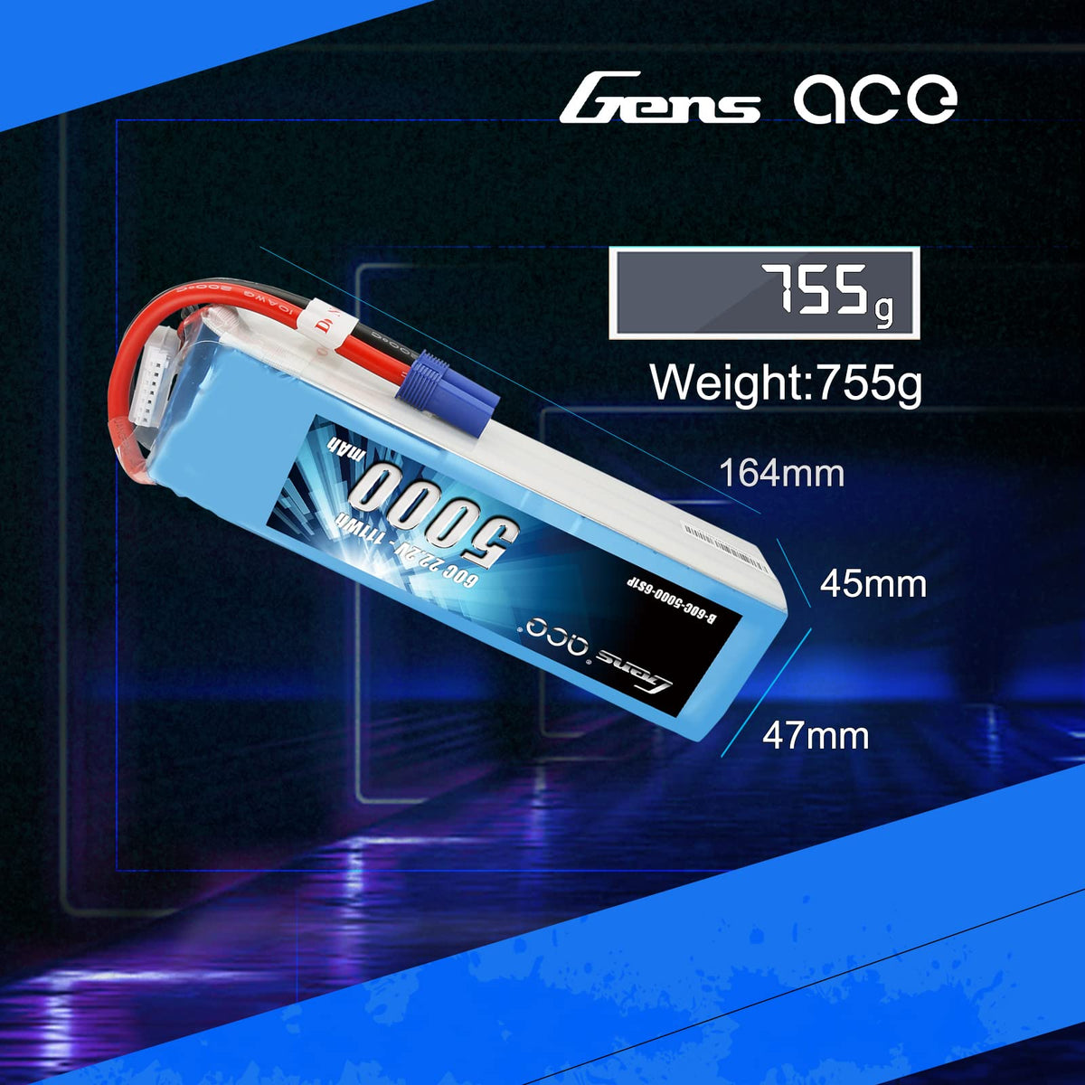 Gens Ace 50006S60E5 5000mAh 22.2V 60C 6S1P Lipo Battery Pack with EC5