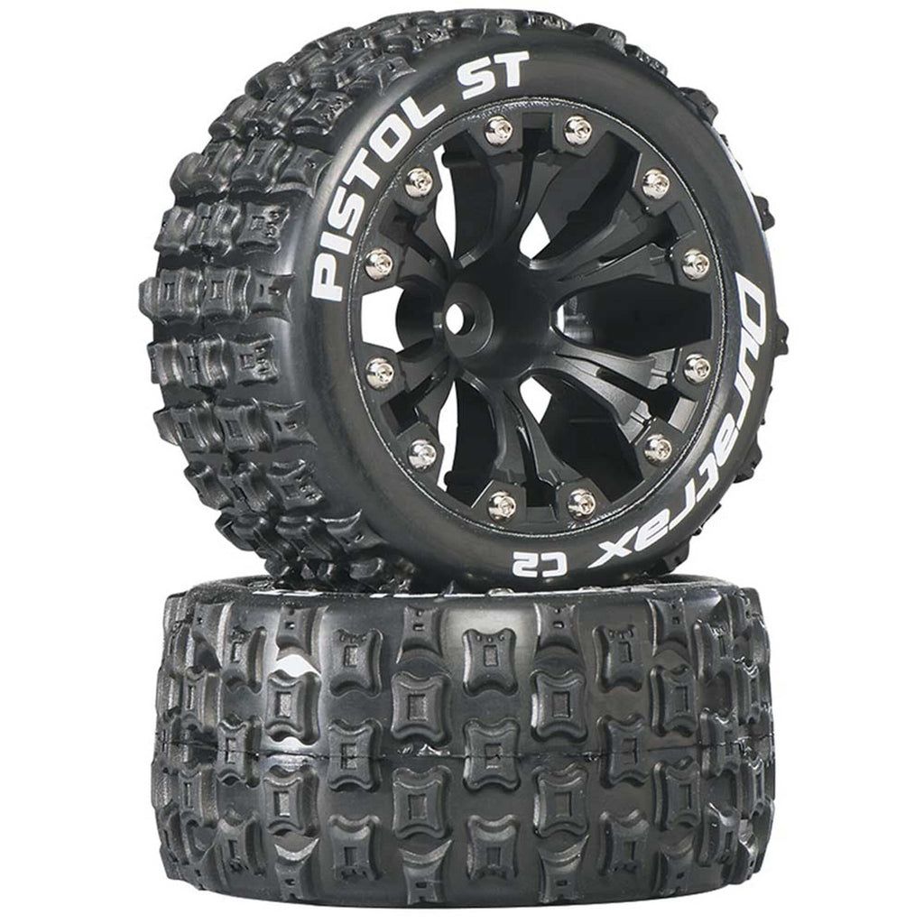 DuraTrax DTXC3556 Pistol ST C2 Tires/Black Wheels 1/2" OffSet (2): 2wd Rustler
