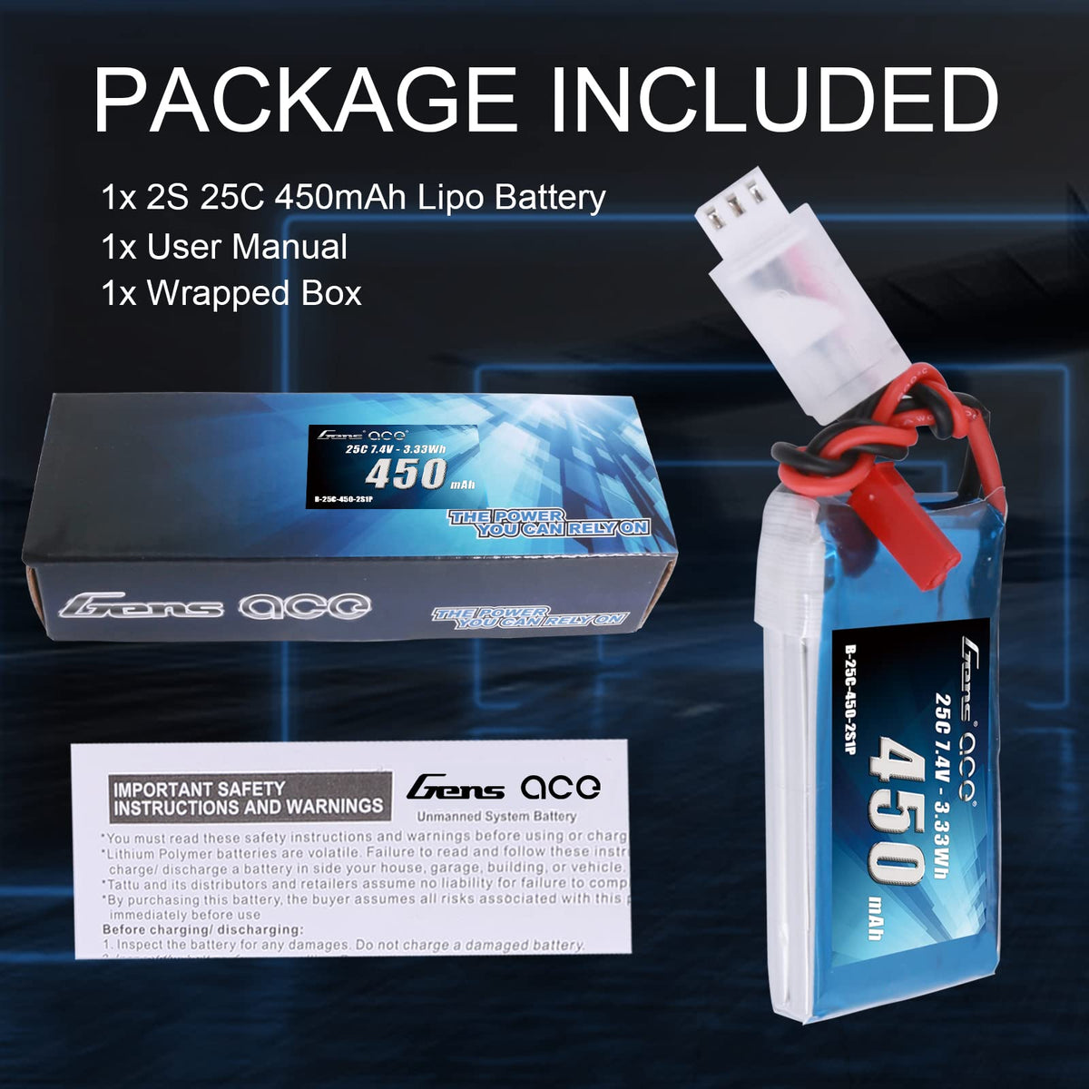 Gens Ace 4502S25J 450mAh 7.4V 25C 2S1P Lipo Battery Pack w/ JST-SYP