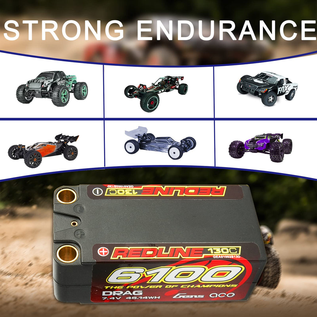 Gens Ace 61002S13D 7.4 6100 mAh 2S 130C Battery, LiPo, Hard Case Battery, 8mm Bullet