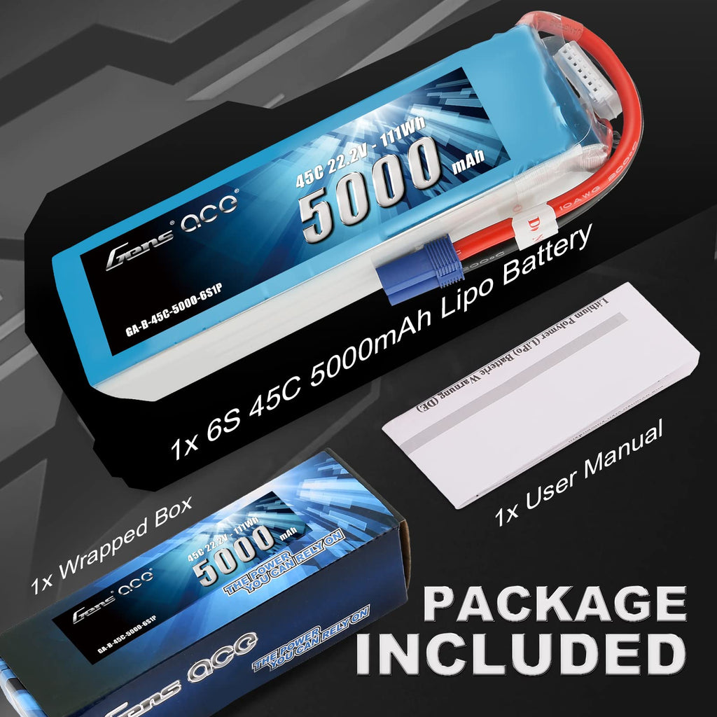 Gens Ace 50006S45E5 5000mAh 22.2V 45C 6S1P Lipo Battery Pack with EC5
