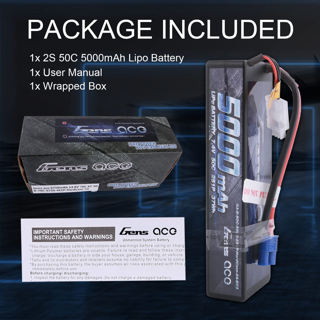 Gens Ace 50002S50E3 5000mAh 7.4V 50C 2S1P Lipo Battery 24# w/ EC3 Plug