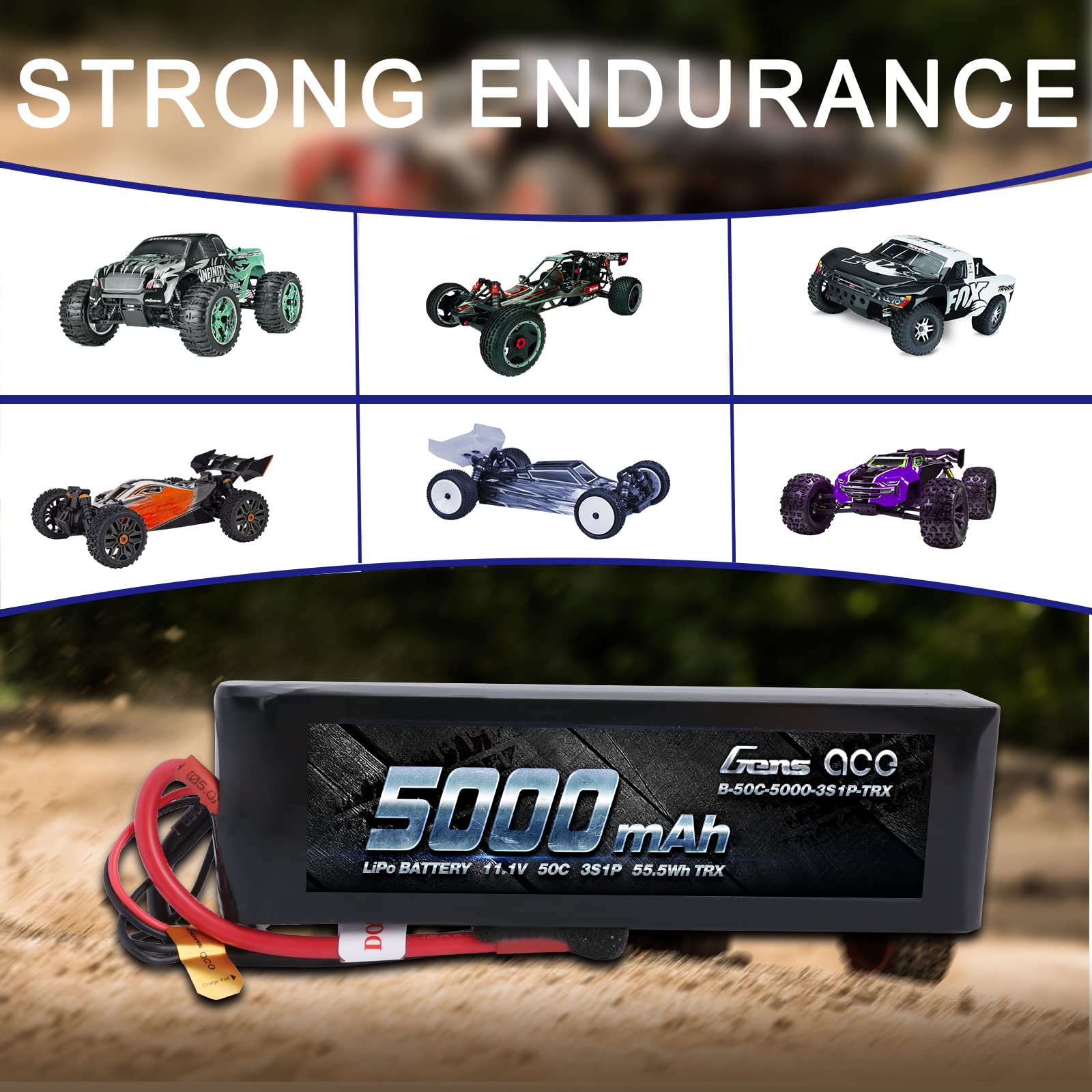 Gens Ace 50003S50X6 5000mAh 11.1V 50C 3S1P Lipo Battery Pack with XT60