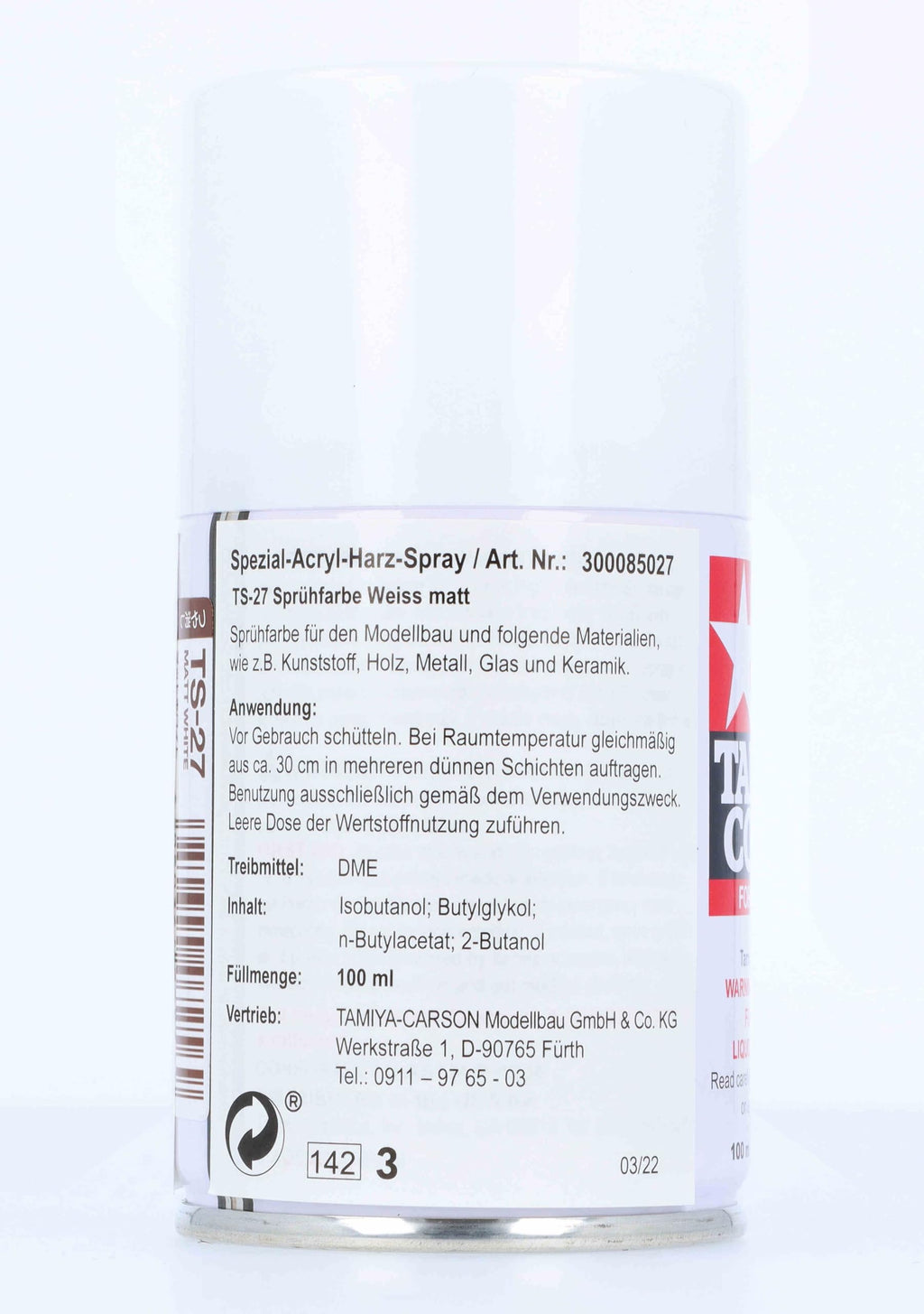 Tamiya 85027 Spray Lacquer TS-27 Matte White - 100ml Spray Can