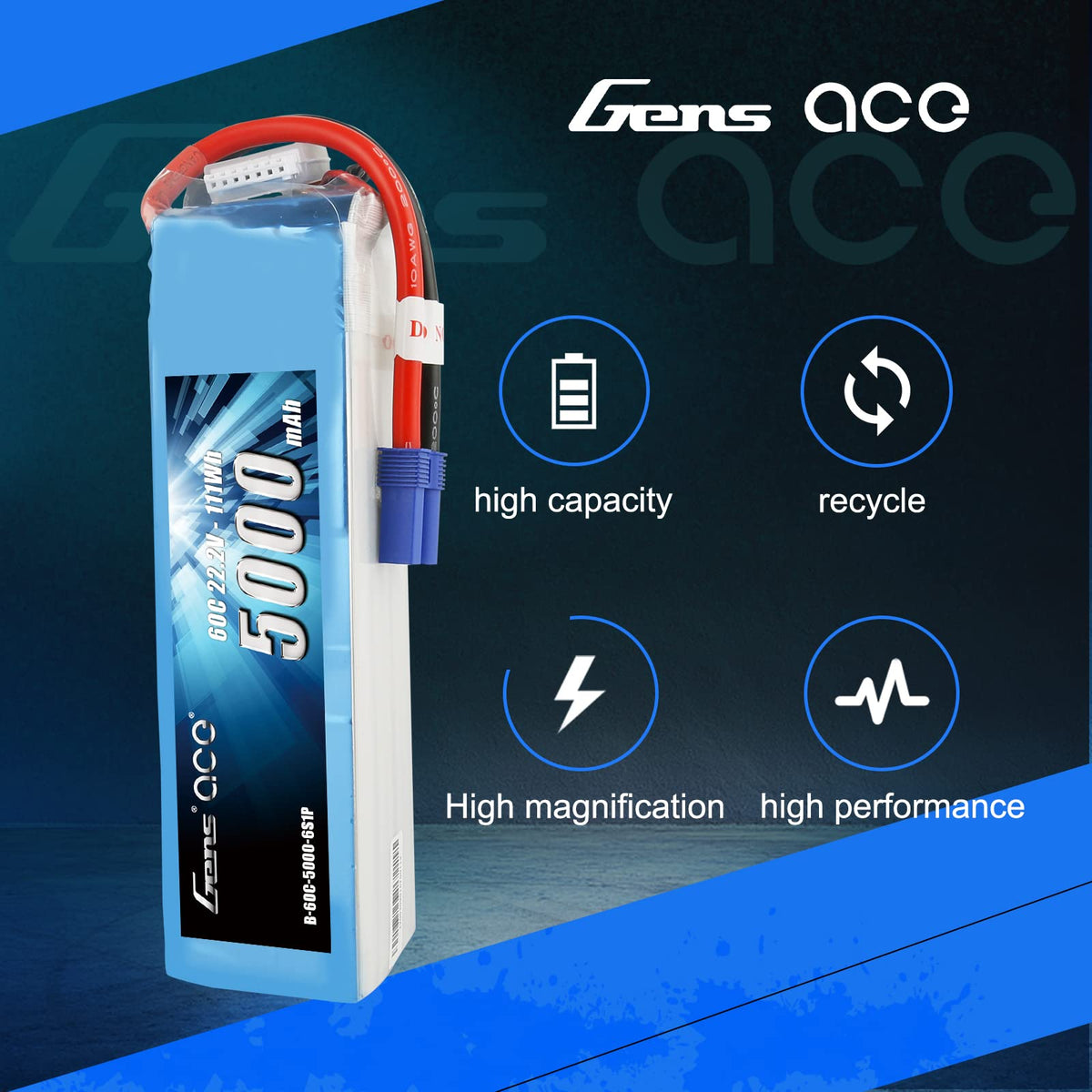 Gens Ace 50006S60E5 5000mAh 22.2V 60C 6S1P Lipo Battery Pack with EC5