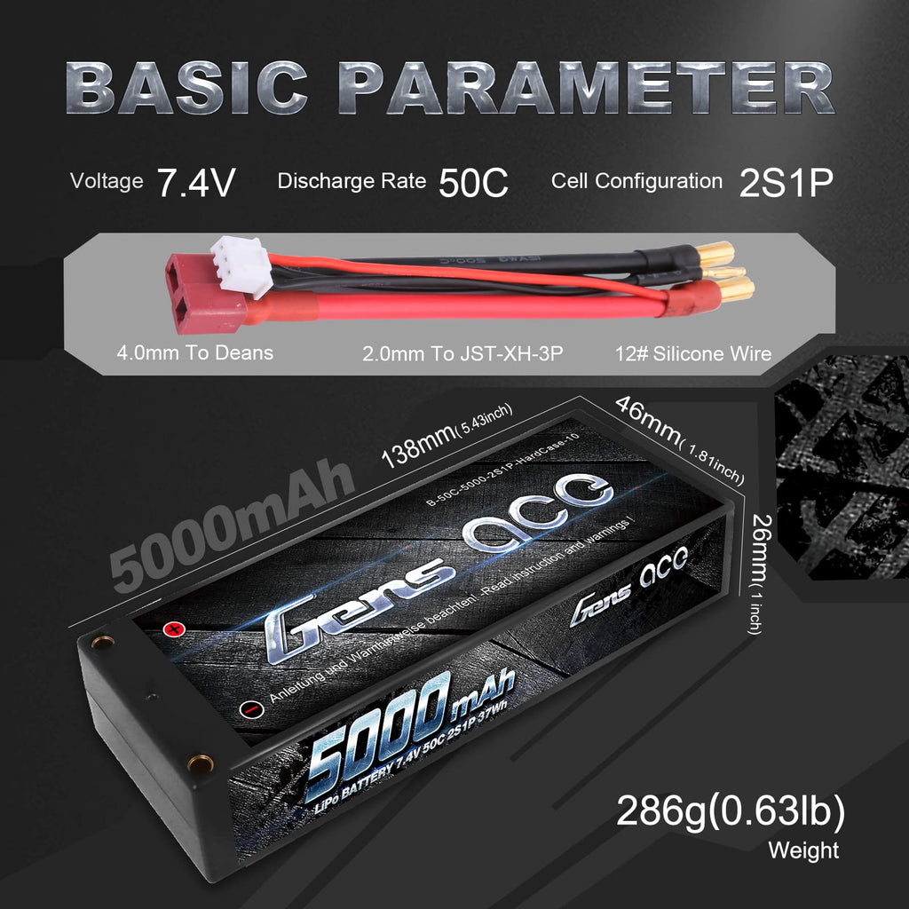 Gens Ace 50002S50D 5000mAh 7.4V 50C 2S1P Lipo Battery Pack 24# w/Dean