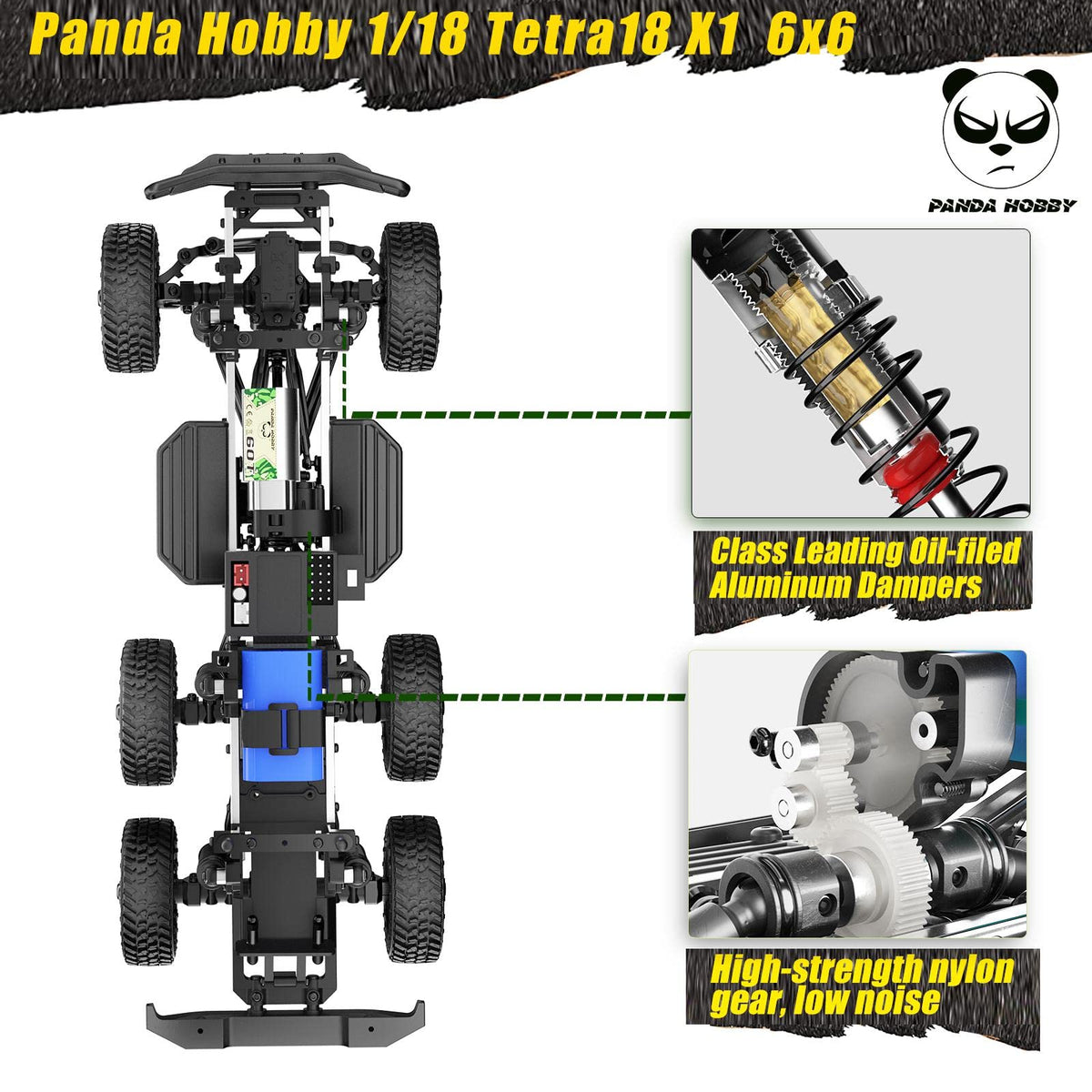 Panda Hobby 1861BLK 1/18 Tetra18 X1 6X6 RTR Scale Mini Crawler, Black