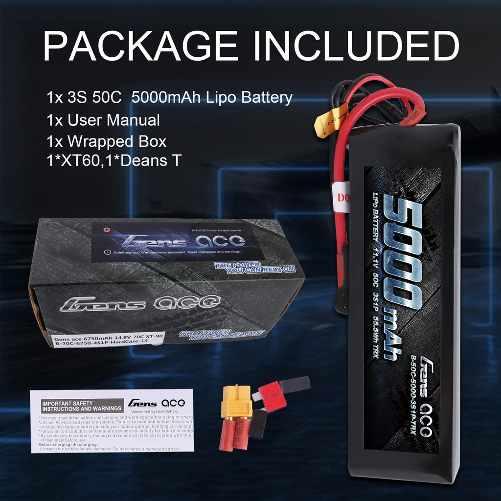 Gens Ace 50003S50X6 5000mAh 11.1V 50C 3S1P Lipo Battery Pack with XT60