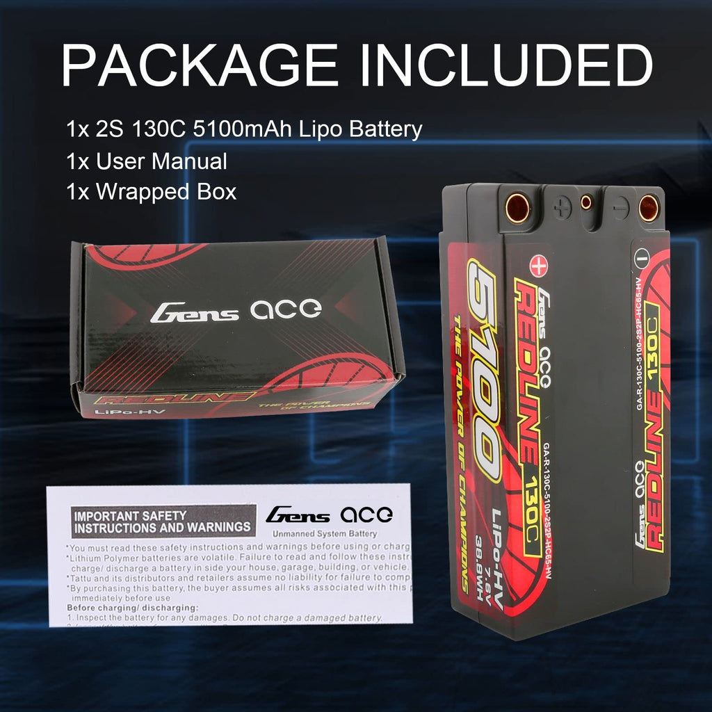 Gens Ace 51002S13D5 7.6V 5100mAh 2S 130C High Voltage Lipo Battery: 5.0mm Bullet