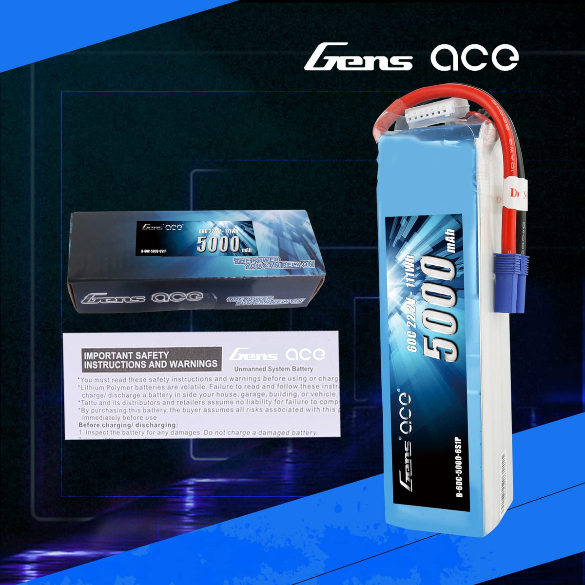 Gens Ace 50006S60E5 5000mAh 22.2V 60C 6S1P Lipo Battery Pack with EC5