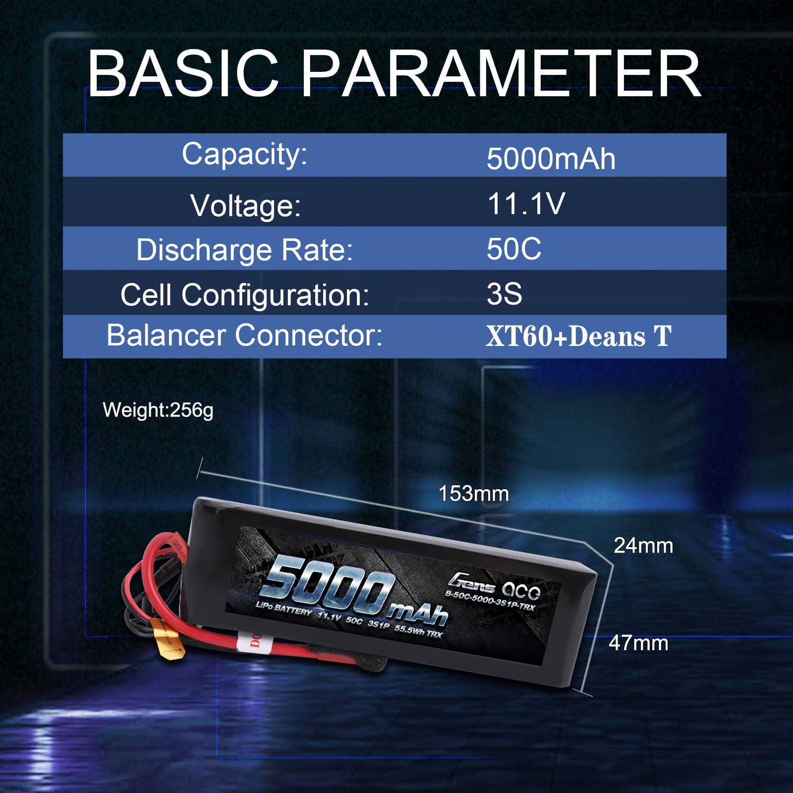 Gens Ace 50003S50X6 5000mAh 11.1V 50C 3S1P Lipo Battery Pack with XT60