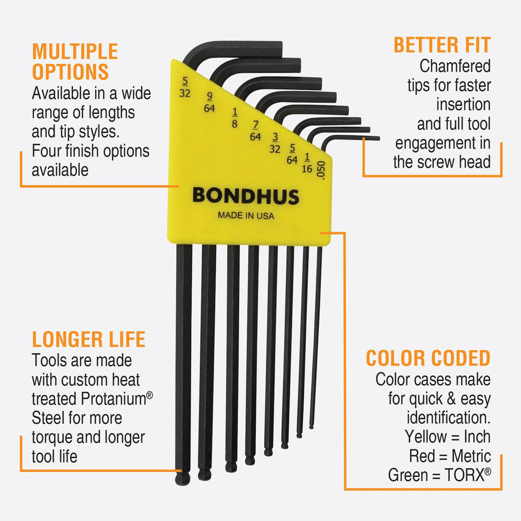 Bondhus BON10932 L-Wrench Set, 5/32, 9/64, 1/8, 7/64, 3/32, 5/64, 1/16, .050