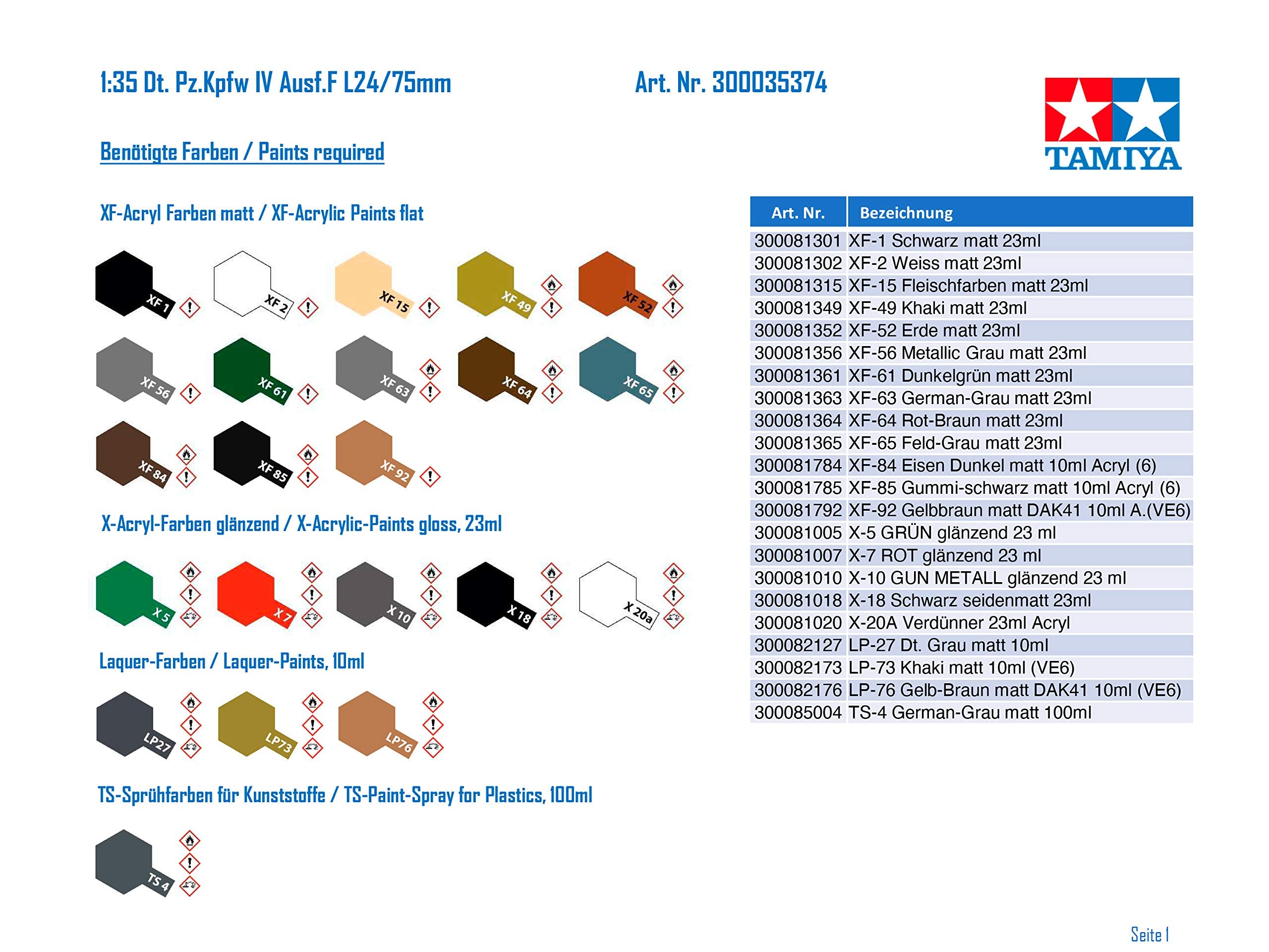 Tamiya 35374 1/35 German Tank Panzerkampfwagen IV Ausf.F Model Kit