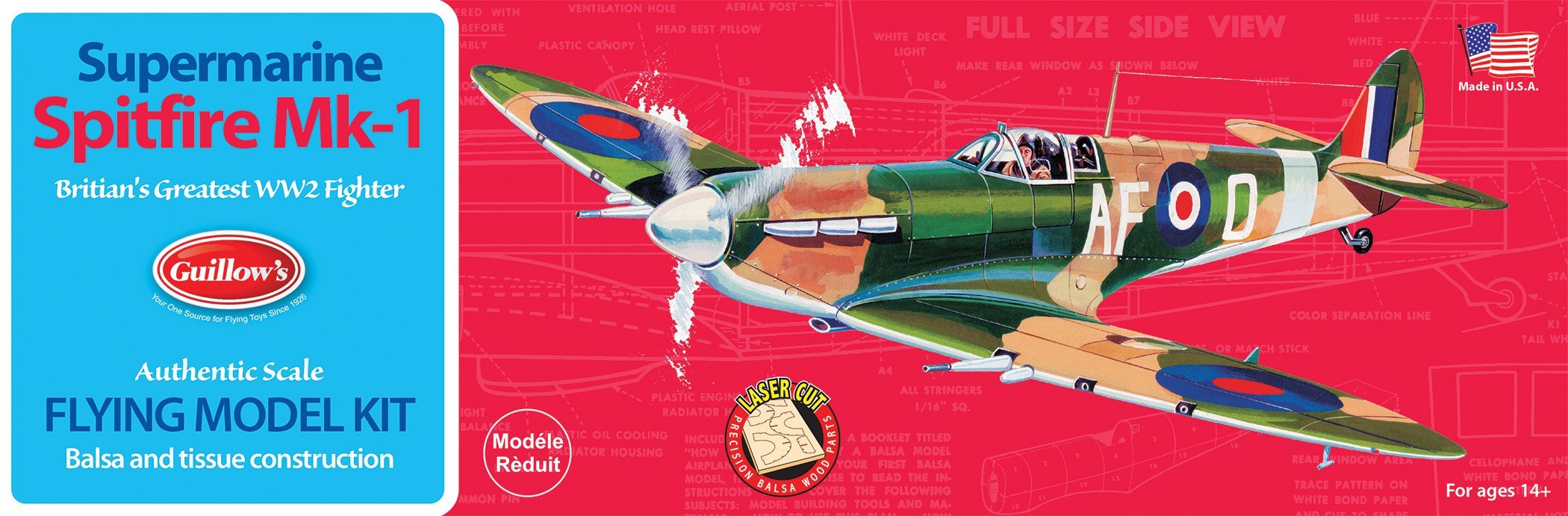 Guillow 504 Supermarine Spitfire Mk-1 WWII Laser Cut Balsa Model Kit