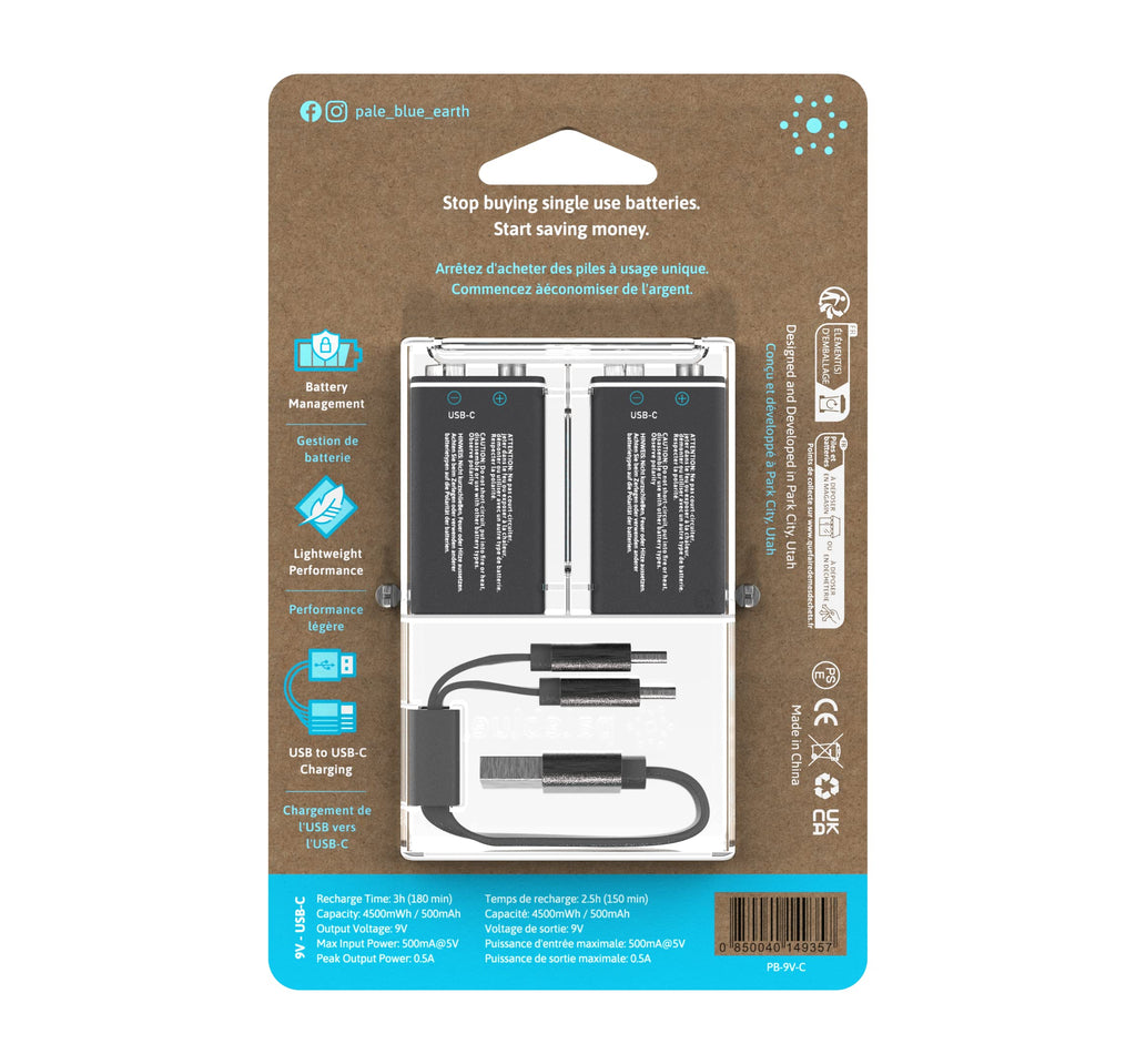 Pale Blue Earth PB9VC Pale Blue Lithium Ion Rechargeable 9V Batteries 2pk